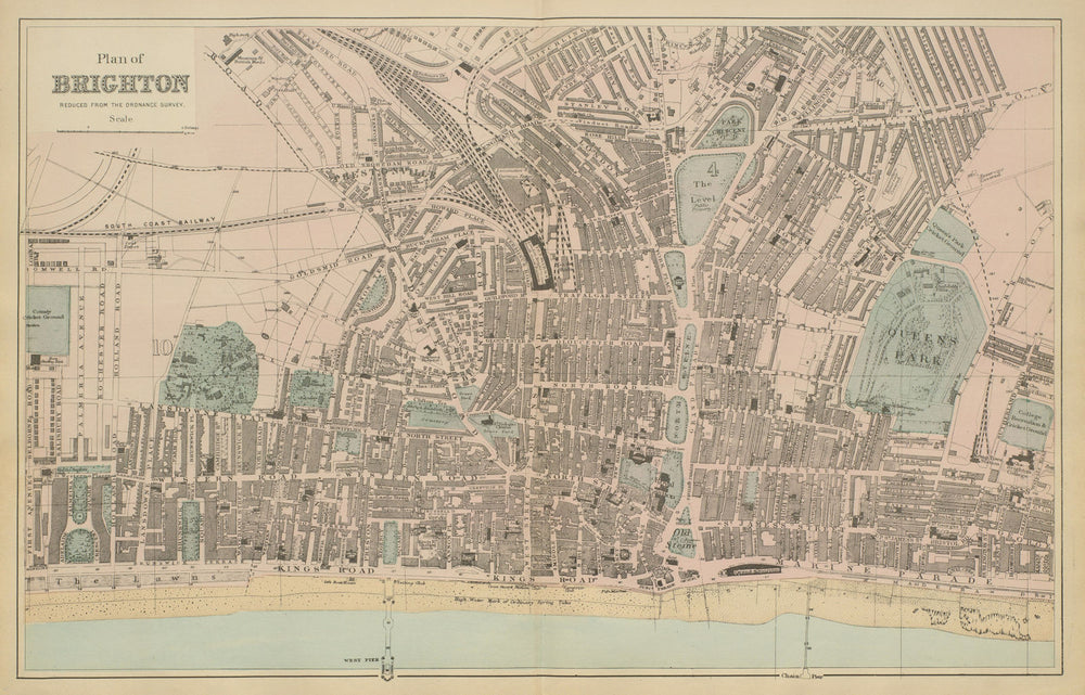 BRIGHTON & HOVE antique town city plan by GW BACON Sussex 1885 old map