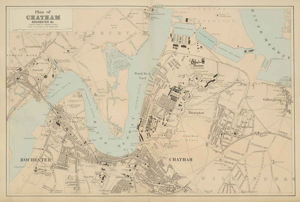 CHATHAM Rochester Strood Frinsbury Brompton town city plan GW BACON 1885 map