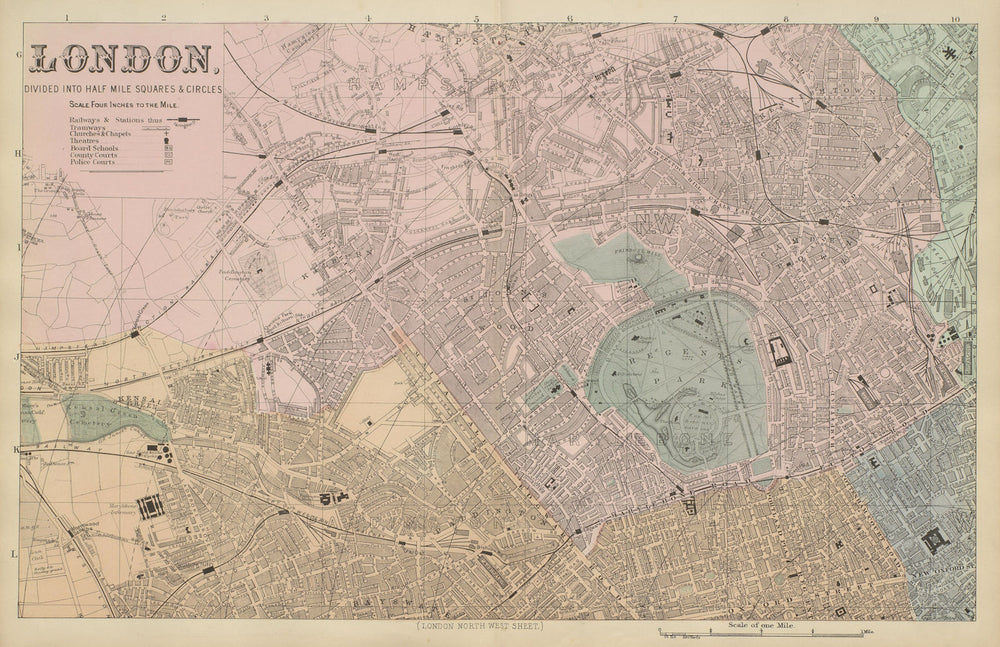LONDON North West St John's Wood Marylebone Camden town city plan BACON 1885 map