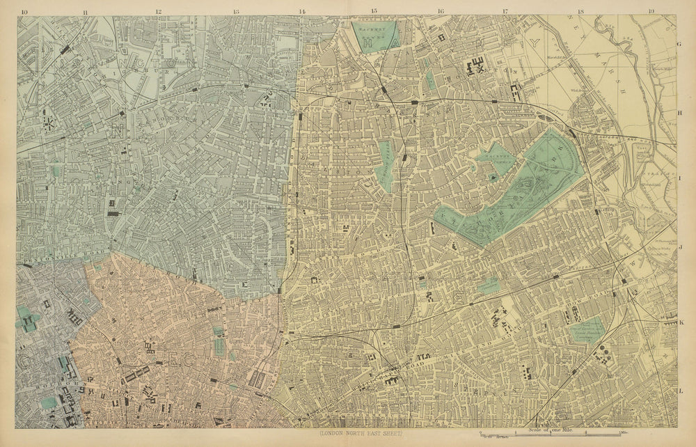 LONDON N East City Hackney Tower Hamlets Islington town city plan BACON 1885 map