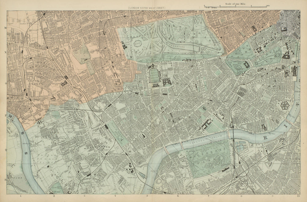 LONDON South West Kensington Chelsea Fulham Battersea city plan BACON 1885 map