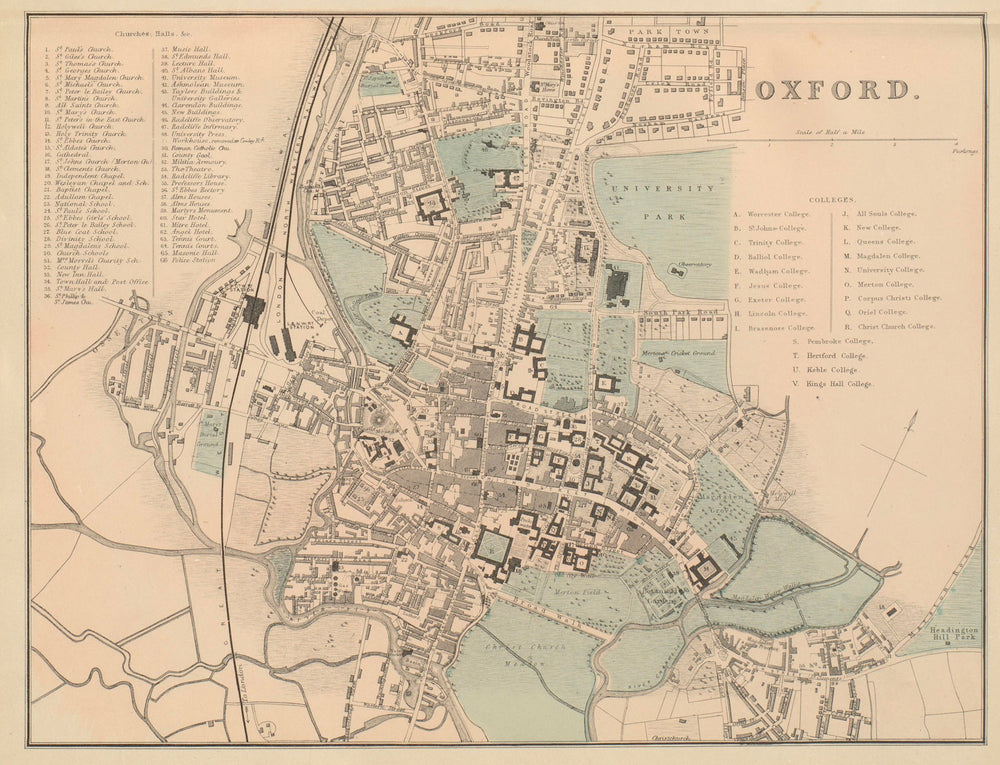 OXFORD antique town city plan by GW BACON University Colleges 1885 old map