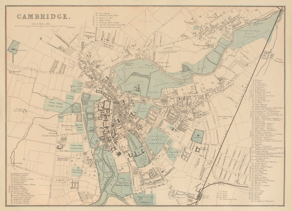 CAMBRIDGE antique town city plan by GW BACON University Colleges 1885 old map