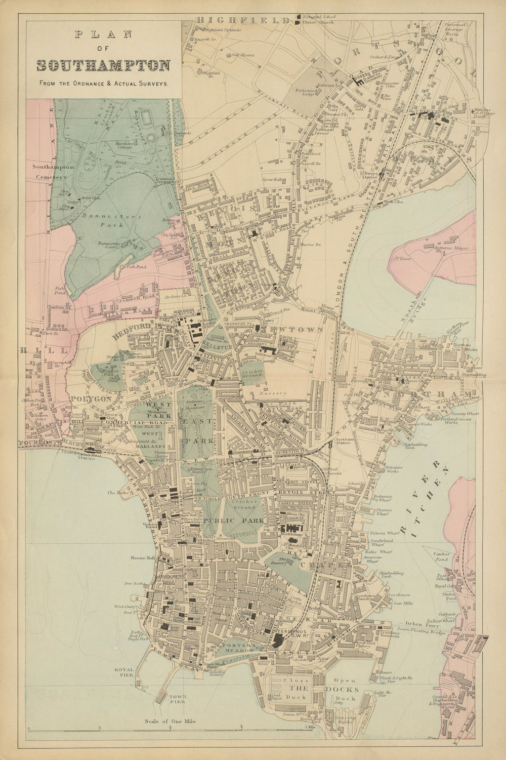 SOUTHAMPTON Northam Portswood antique town city plan by GW BACON 1885 old map