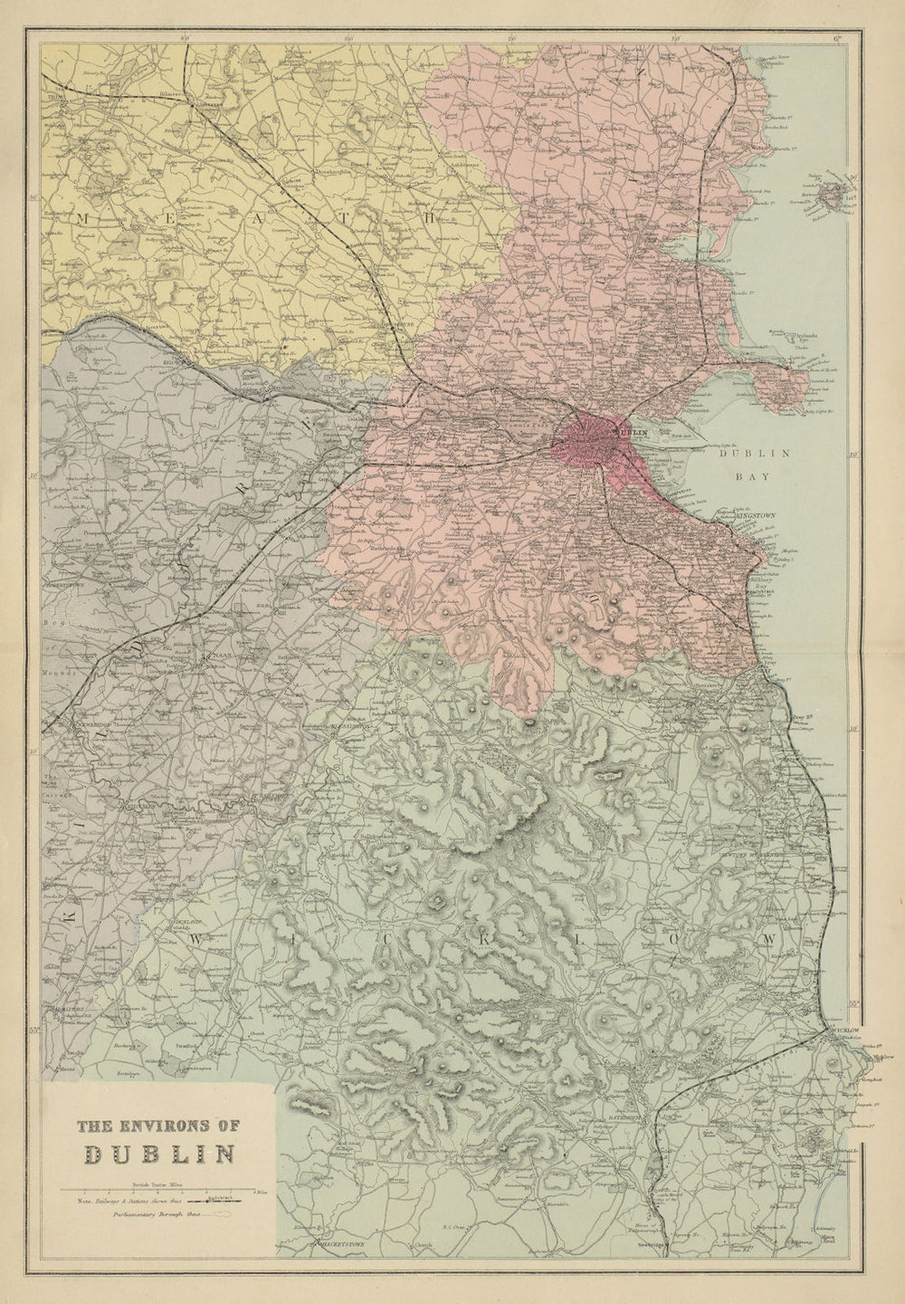 DUBLIN & ENVIRONS Meath Kildare Wicklow IRELAND antique map by GW BACON 1885