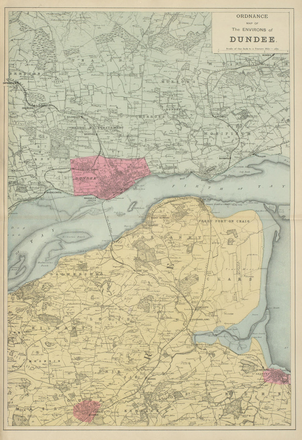 DUNDEE & ENVIRONS St Andrews Cupar Firth of Tay antique map by GW BACON 1885