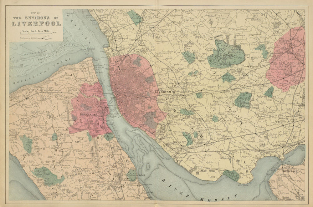 MERSEYSIDE Liverpool Birkenhead Wirral St Helens antique map by GW BACON 1885