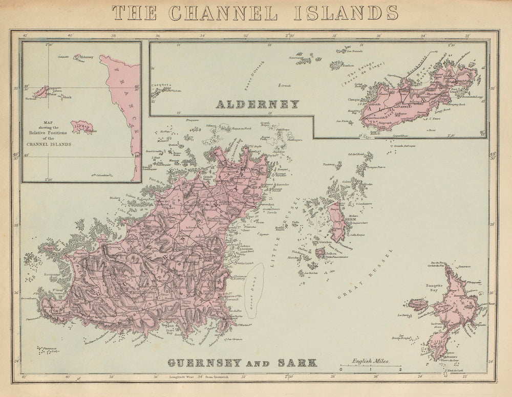 CHANNEL ISLANDS Alderney, Guernsey, Sark & Herm antique map by GW BACON 1885