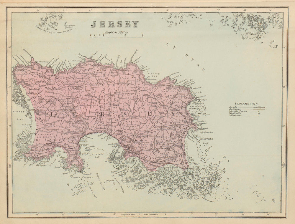 The island of JERSEY Channel Islands antique map by GW BACON 1885 old