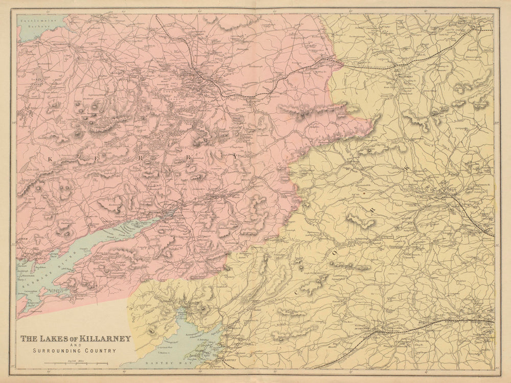 KILLARNEY LAKES Kerry Bantry Kenmare Ireland antique map by GW BACON 1885