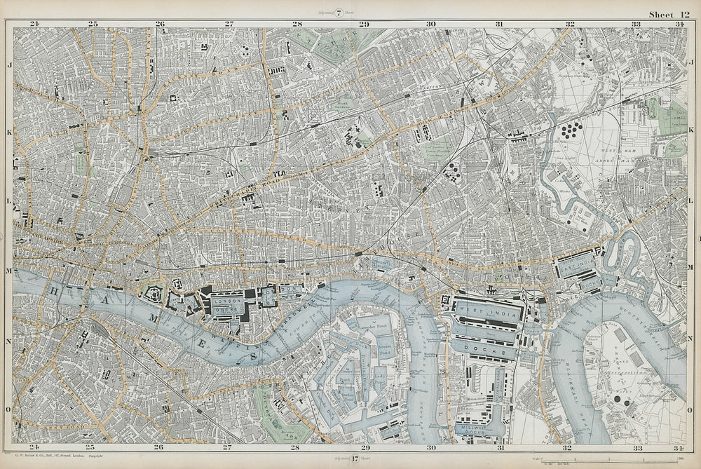 LONDON City East End Southwark Bethnal Green Docks Shoreditch. BACON  1906 map