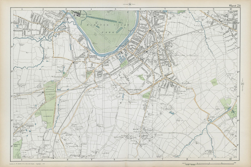 SURBITON & ESHER Hampton Court East Molesey Thames Ditton Hook. BACON  1906 map