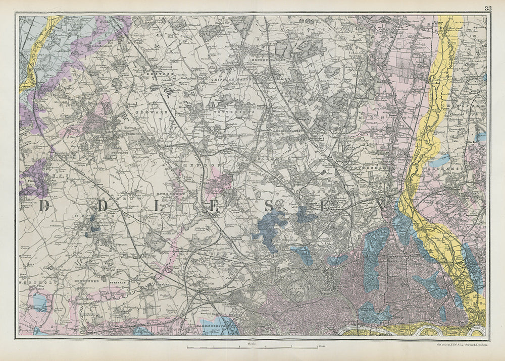 NW LONDON GEOLOGICAL Westminster Islington Brent Ealing Camden.BACON 1906 map