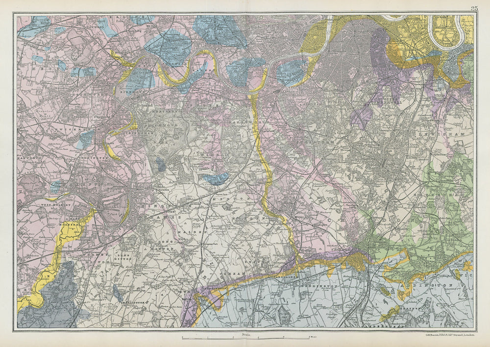 SW LONDON GEOLOGICAL K&C Fulham Surrey Richmond Wandsworth &c. BACON 1906 map