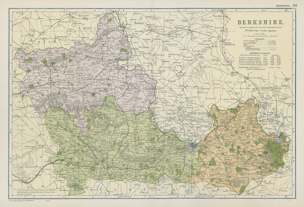 BERKSHIRE county map.Parliamentary constituencies divisions.Railways.BACON 1906