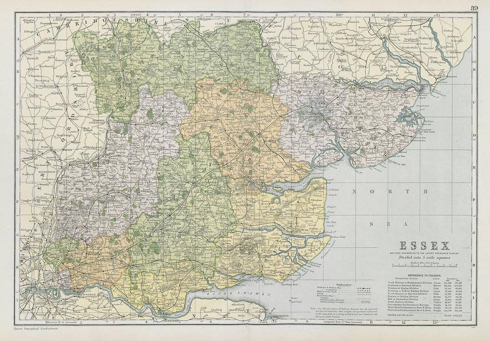 ESSEX county map. Parliamentary constituencies divisions. Railways. BACON 1906