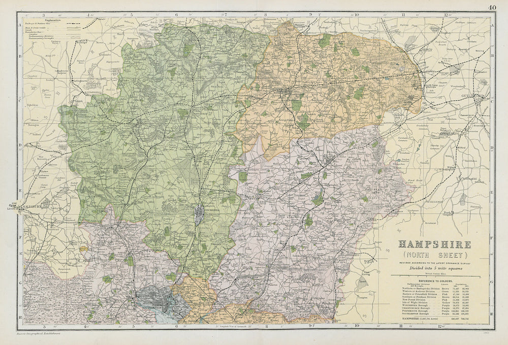 HAMPSHIRE NORTH Parliamentary constituencies divisions.Railways.BACON 1906 map