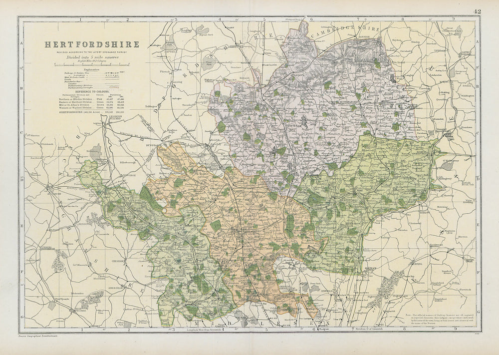HERTFORDSHIRE county map. Parliamentary constituencies. Railways. BACON 1906