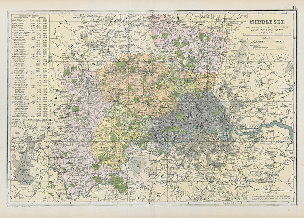 MIDDLESEX & LONDON county map.Parliamentary constituencies.Railways.BACON 1906
