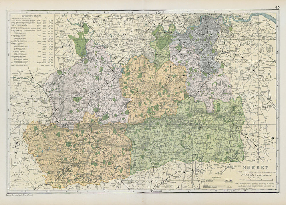 SURREY county map. Parliamentary constituencies divisions. Railways. BACON 1906