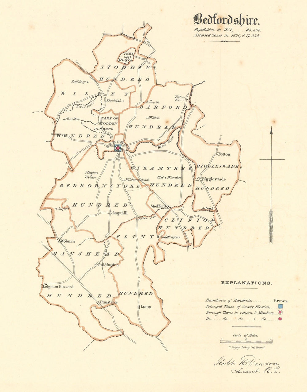 Bedfordshire county map. Hundreds boroughs electoral. REFORM ACT. DAWSON 1832