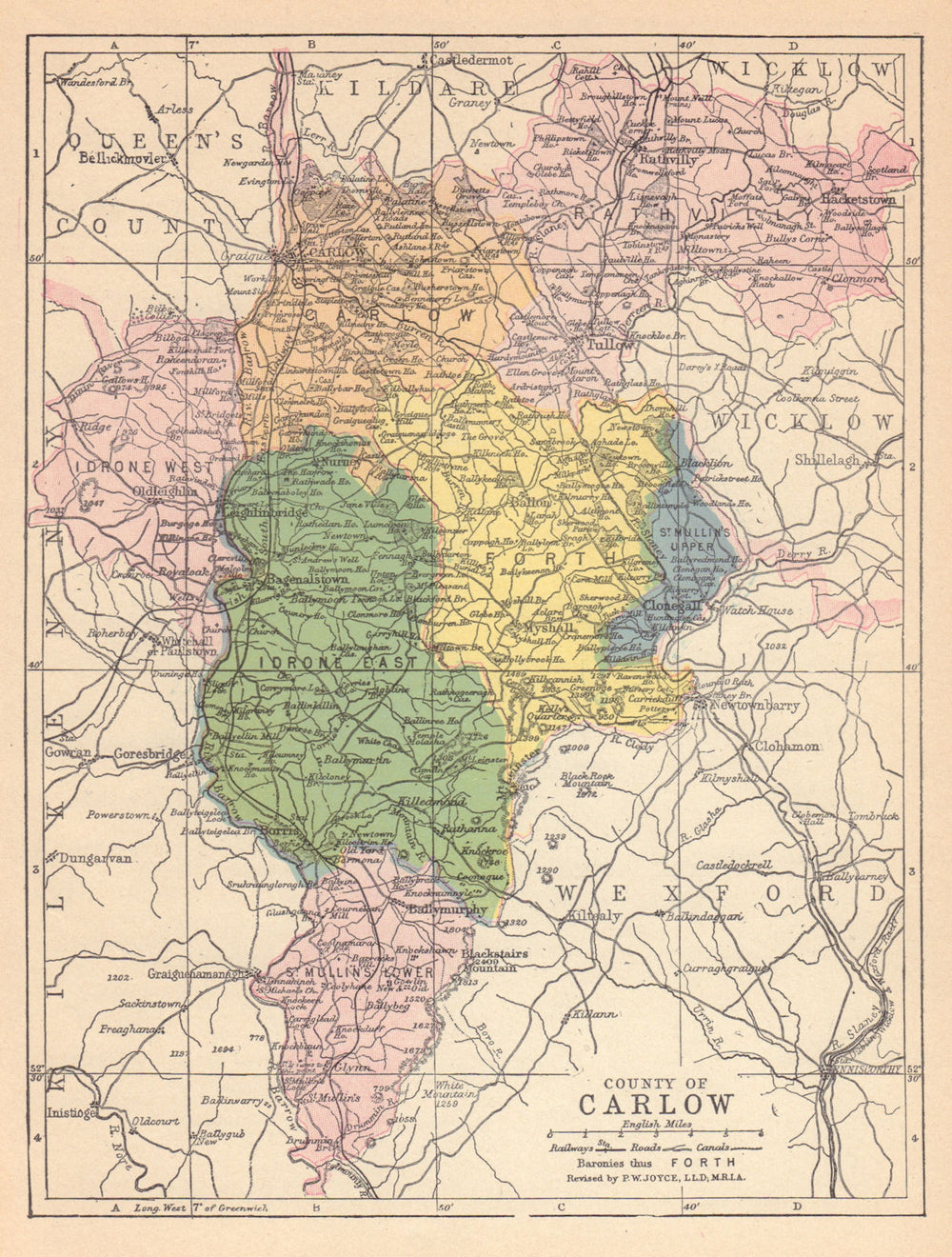 COUNTY CARLOW antique map. Leinster. Ireland. JOYCE 1905 old chart