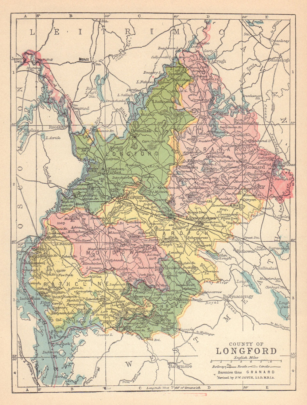 COUNTY LONGFORD antique map. Leinster. Ireland. JOYCE 1905 old