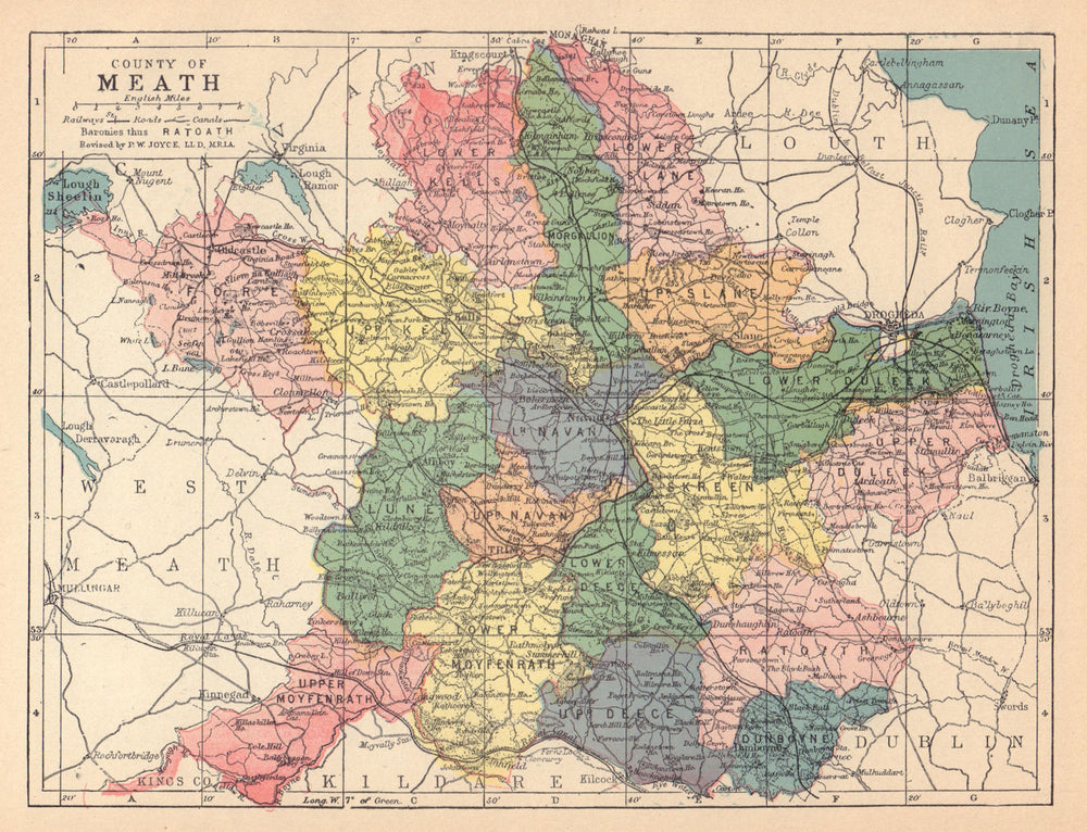 COUNTY MEATH antique map. Leinster. Ireland. JOYCE 1905 old chart