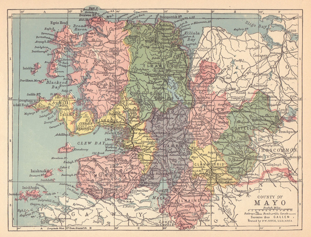 COUNTY MAYO antique map. Connaught. Ireland. JOYCE 1905 old chart