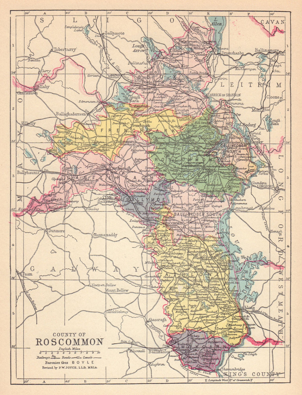 COUNTY ROSCOMMON antique map. Connaught. Ireland. JOYCE 1905 old