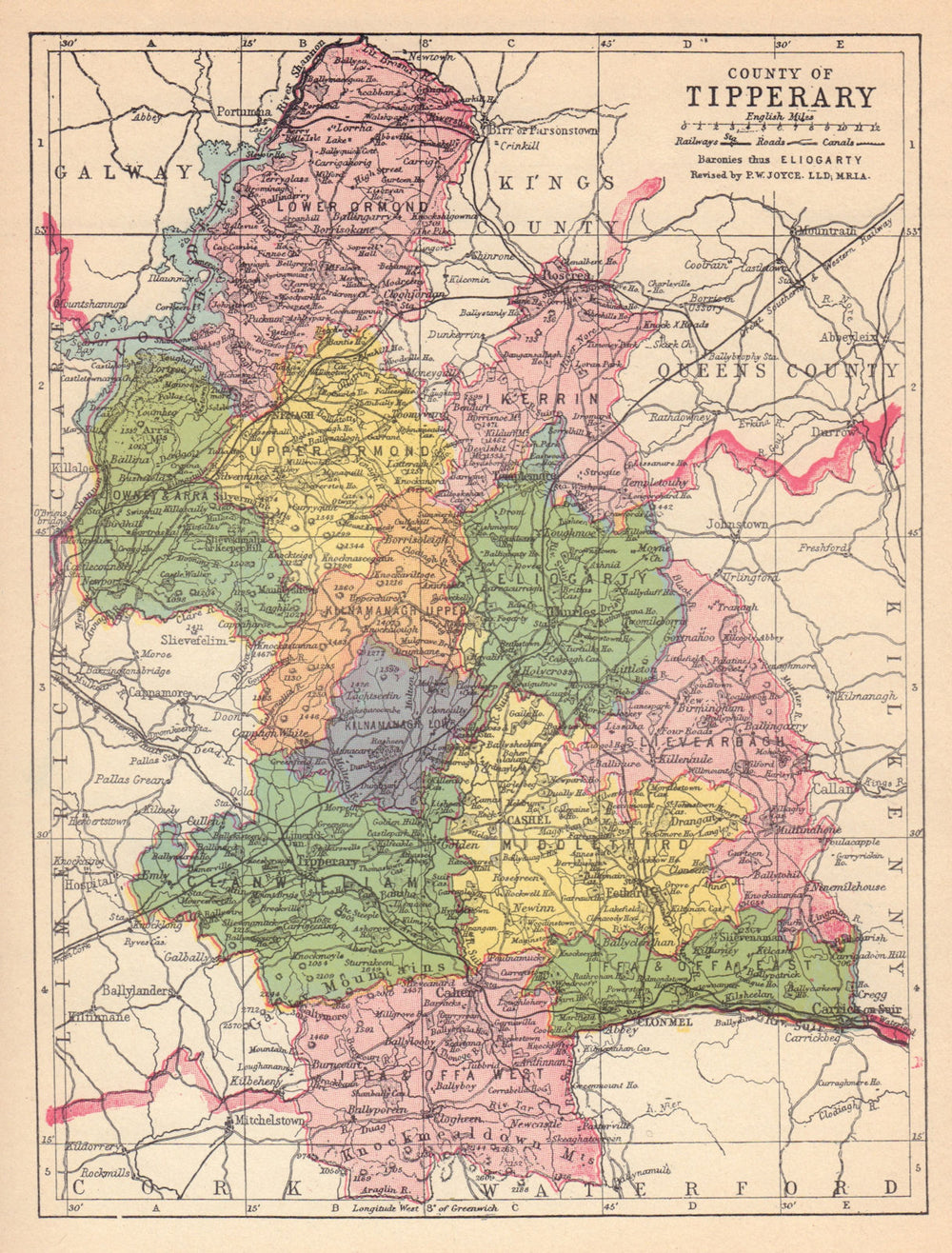 COUNTY TIPPERARY antique map. Munster. Ireland. JOYCE 1905 old
