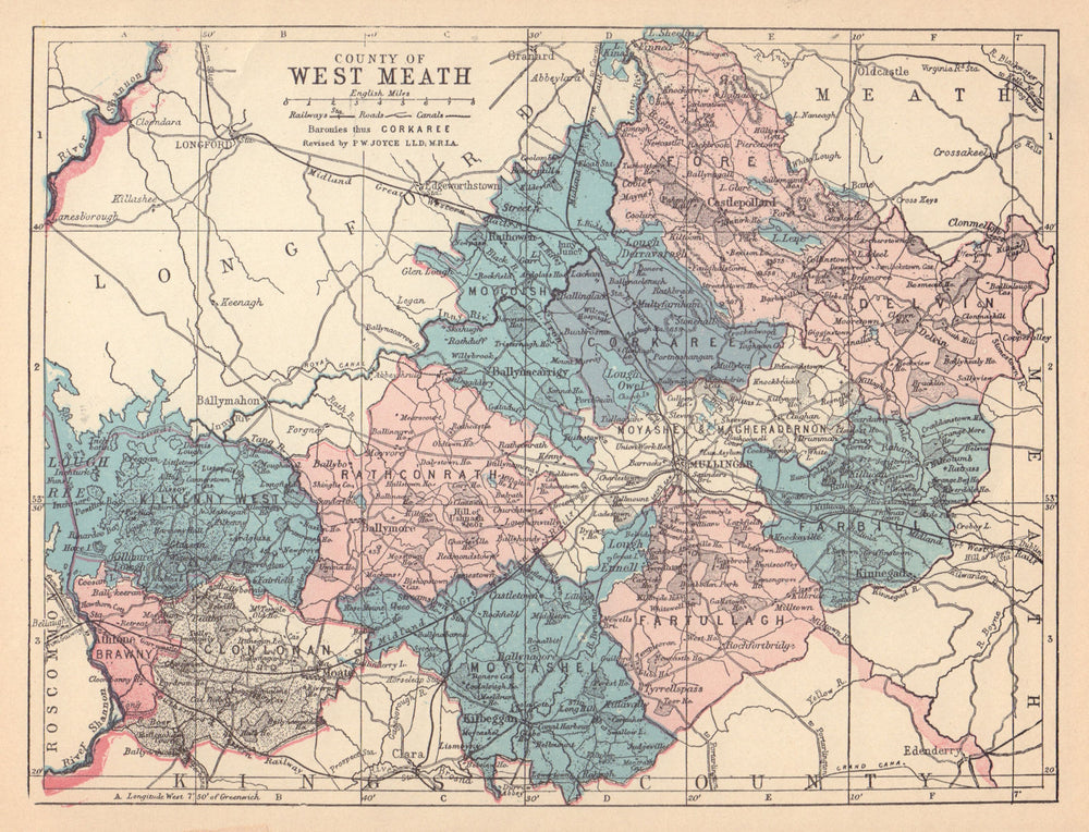 COUNTY WESTMEATH antique map. Leinster. Ireland. JOYCE 1905 old