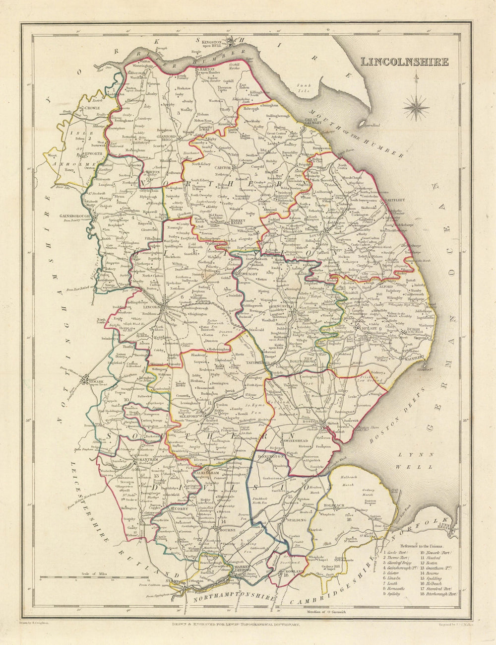 Antique county map of LINCOLNSHIRE by Creighton & Walker for Lewis c1840