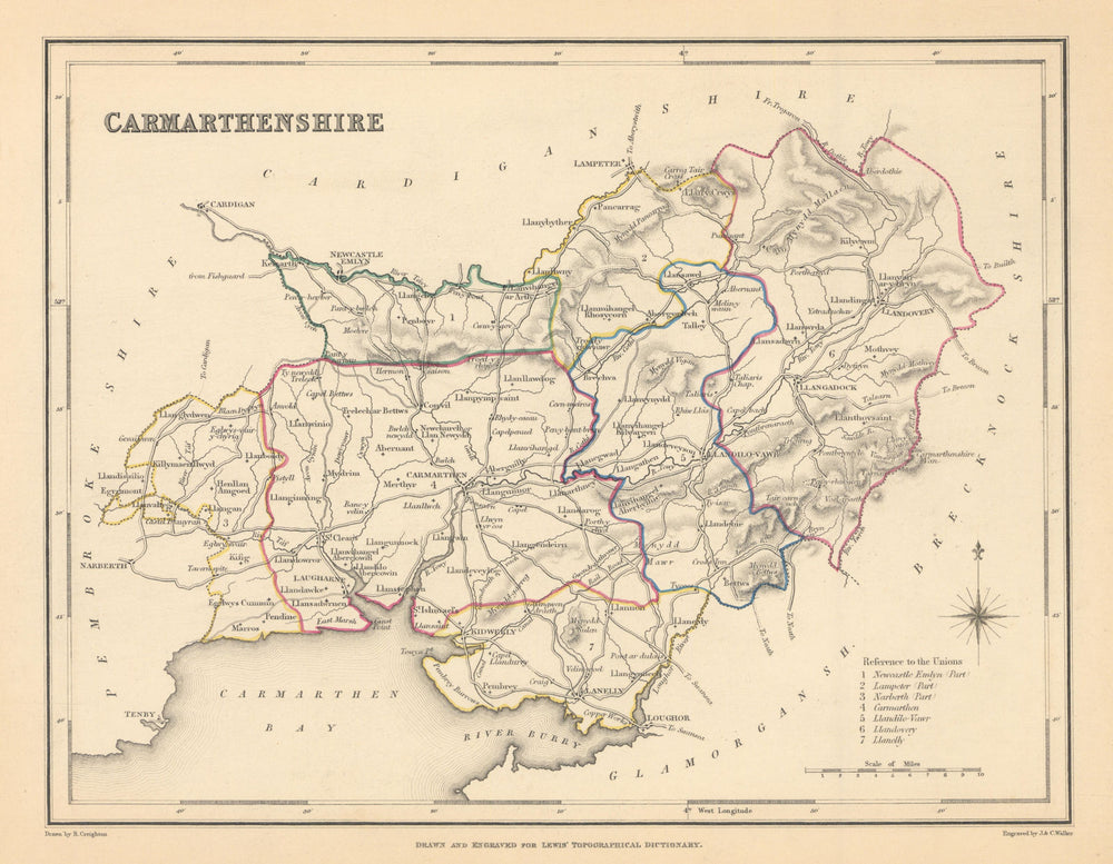 Antique county map of CARMARTHENSHIRE by Creighton & Walker for Lewis c1840