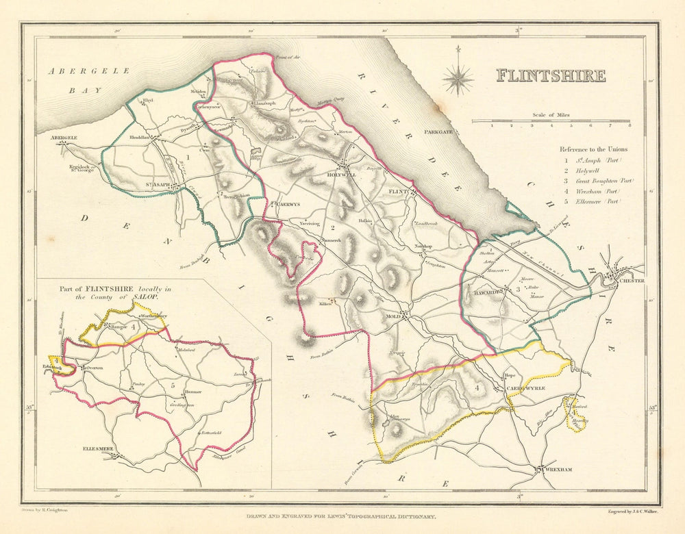 Antique county map of FLINTSHIRE by Creighton & Walker for Lewis c1840 old