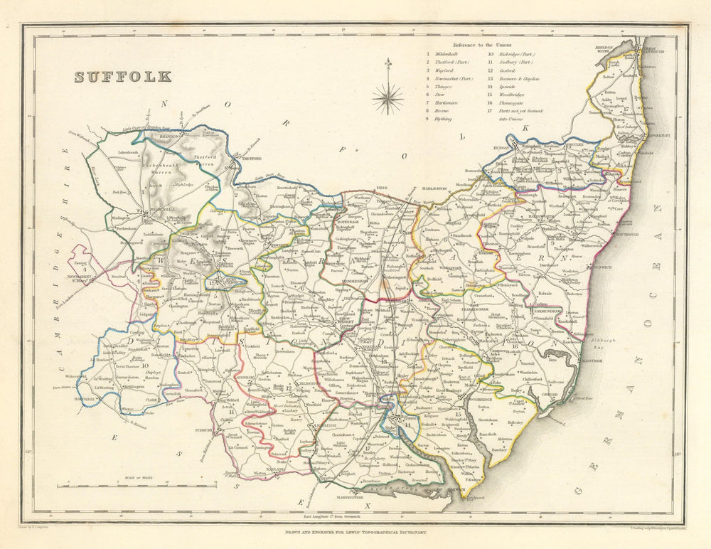 Antique county map of SUFFOLK by Creighton & Starling for Lewis c1840 old