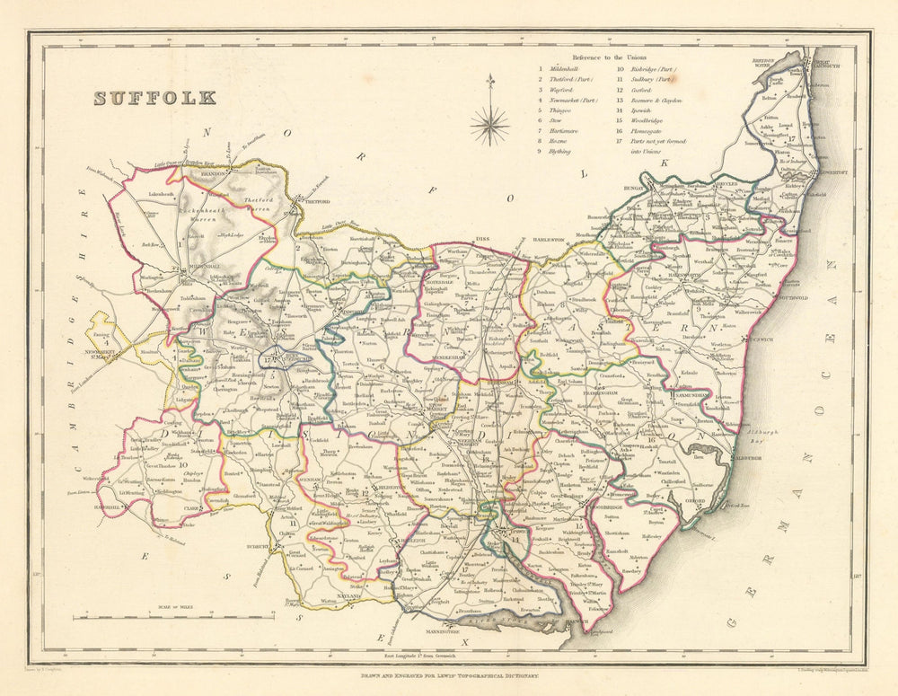 Antique county map of SUFFOLK by Creighton & Starling for Lewis c1840 old