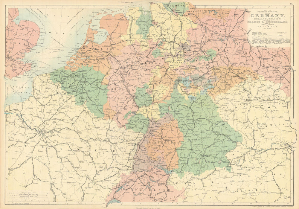 Central Europe roads canals railways Germany, Holland & Belgium. HUGHES 1862 map