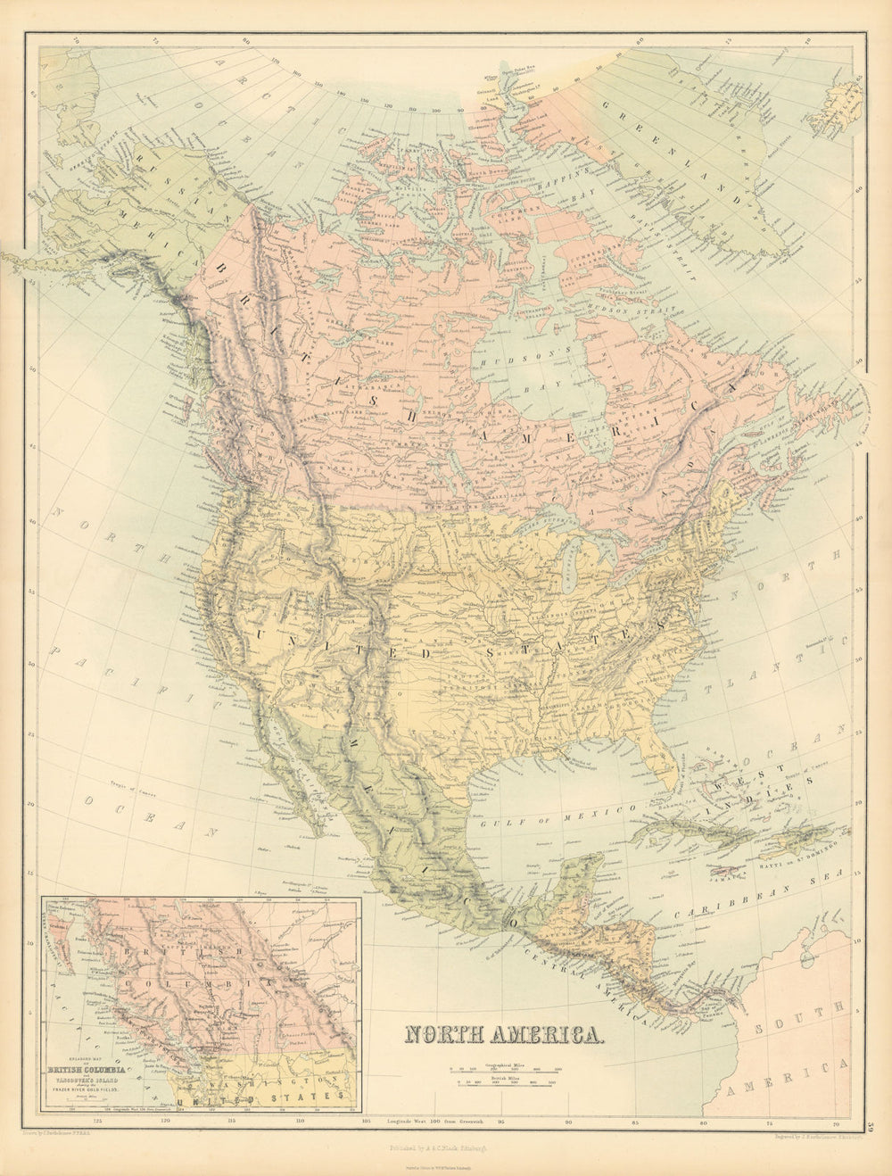 North America. USA. Russian America. British Columbia. BARTHOLOMEW 1862 map