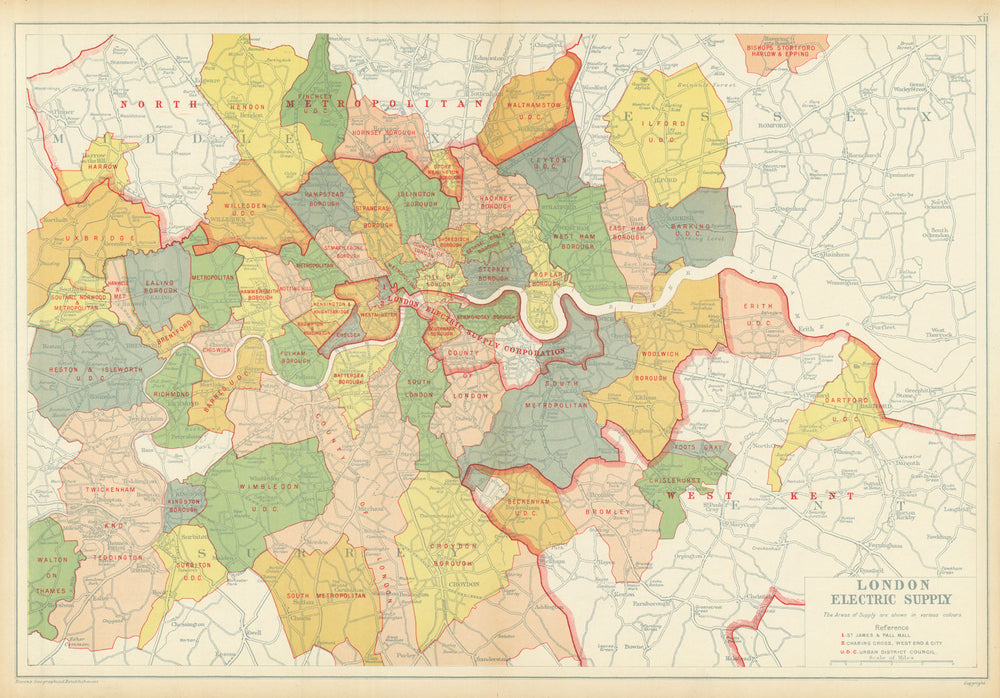 LONDON ELECTRICITY SUPPLY areas. Corporation. Metropolitan. BACON 1913 old map