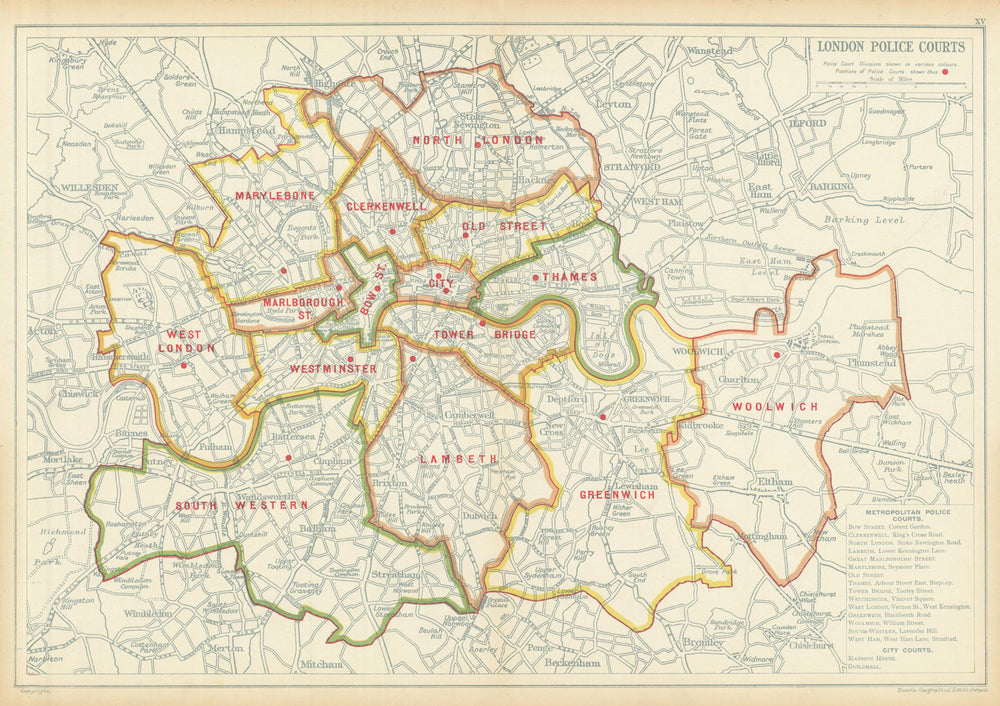LONDON POLICE COURTS. Showing divisions & court locations. BACON 1913 old map