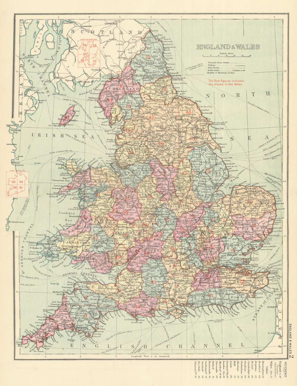 ENGLAND & WALES antique index map by GW BACON 1891 old plan chart