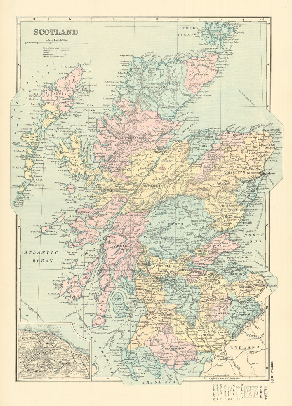 SCOTLAND in counties. Inset Edinburgh. Antique map by GW BACON 1891 old