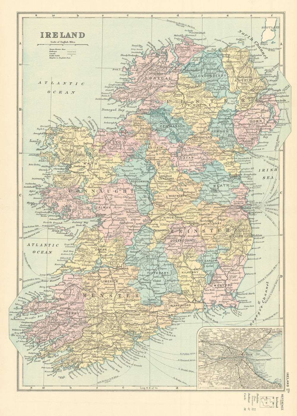 IRELAND in counties. Dublin inset. Antique map by GW BACON 1891 old