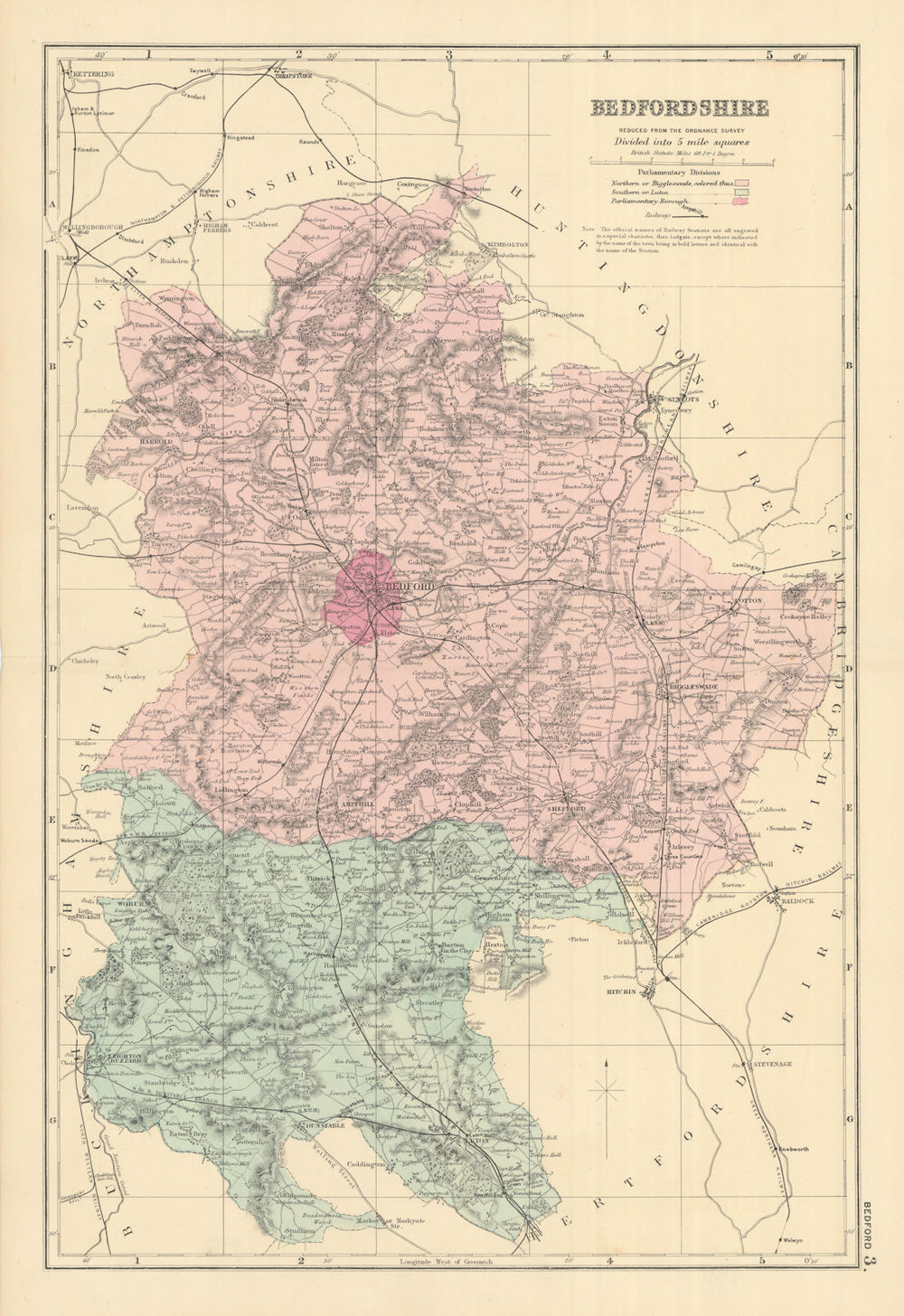 BEDFORDSHIRE antique county map by GW BACON 1891 old plan chart
