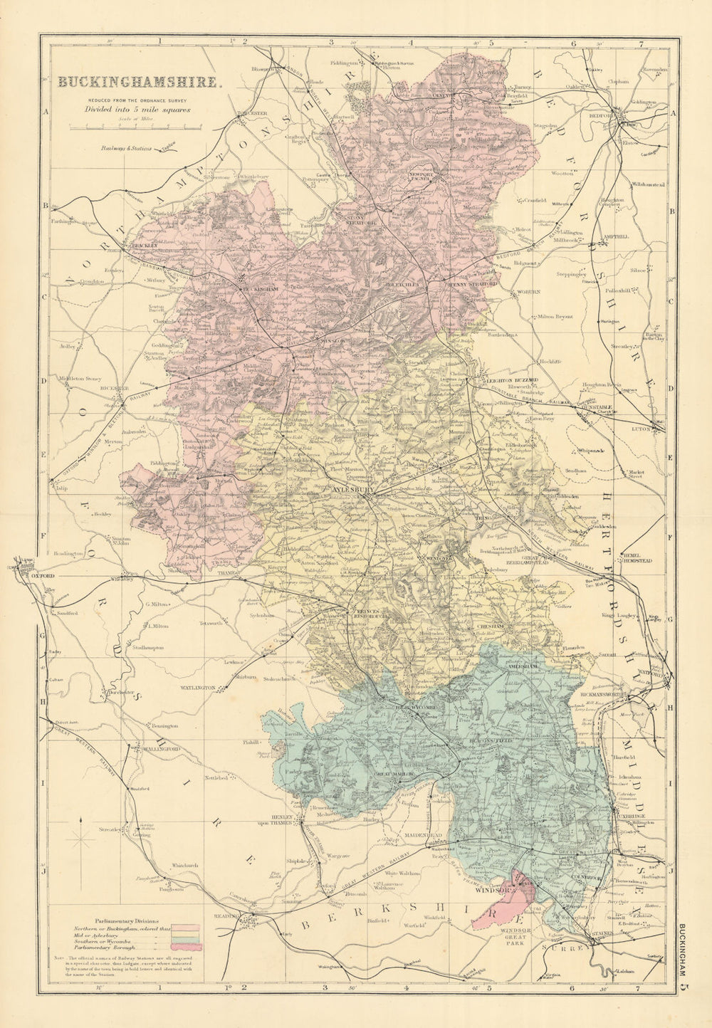 BUCKINGHAMSHIRE antique county map by GW BACON 1891 old plan chart