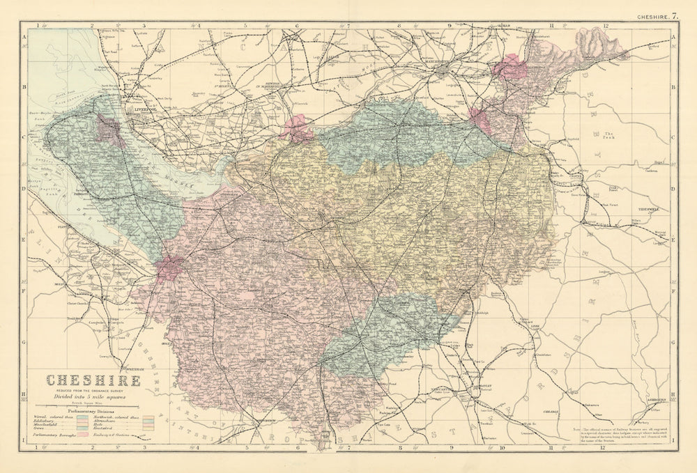 CHESHIRE antique county map by GW BACON 1891 old plan chart