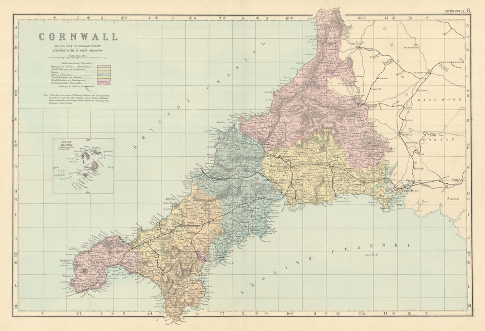 CORNWALL antique county map by GW BACON 1891 old plan chart