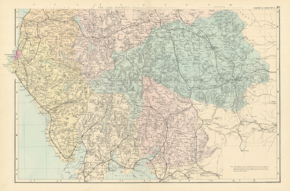 LAKE DISTRICT Cumbria & Westmorland (South sheet) County map GW BACON 1891
