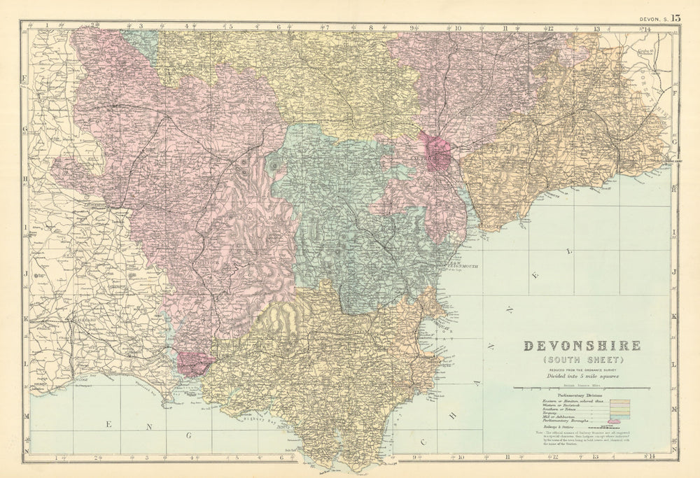 DEVON (SOUTH & EAST) antique county map by GW BACON 1891 old chart